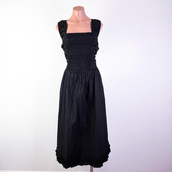 Ganni Back Cutout Cotton Poplin Basque Whimsigoth Grunge Midi Dress Black sz 14 - Picture 2 of 13